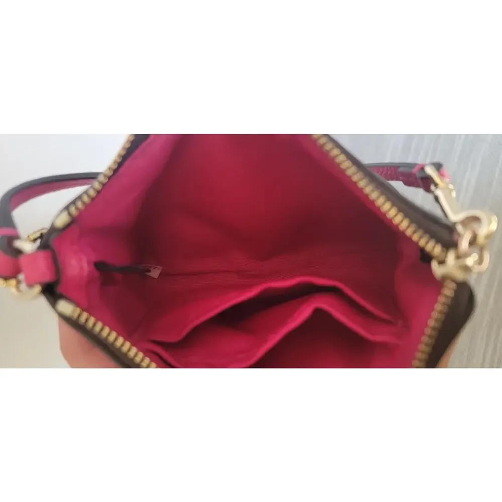 Coach Corner Zip Wristlet Signature Brown Canvas Fuchsia Leather Stripe & Strap